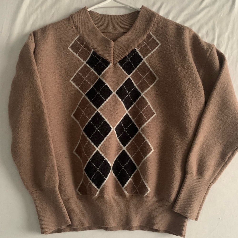 Coffee Brown Cozy Fall Argyle Sweater